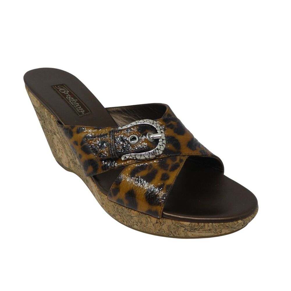 Brighton Summer Leopard Print Leather Open Toe Cork Wedge Sandals